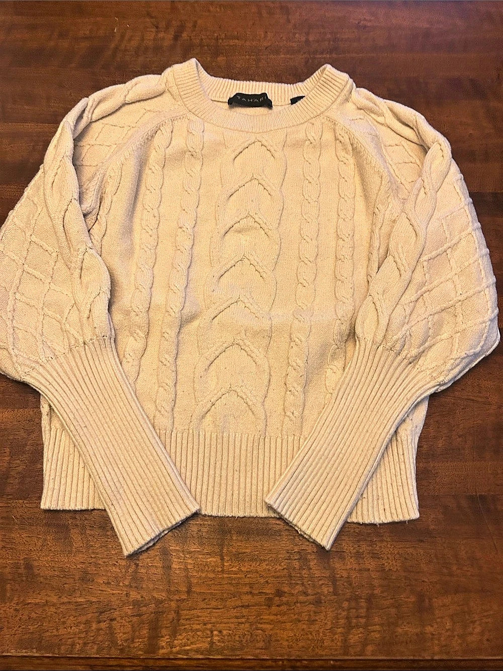 TAHARI Cable Knit Crop Puff Sleeve Sweater in Tan